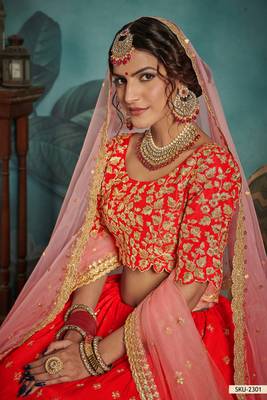 Red Embroidered Art Silk Unstitched Lehenga 3