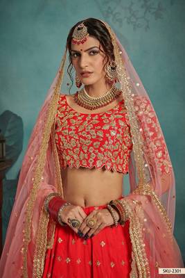 Red Embroidered Art Silk Unstitched Lehenga 4