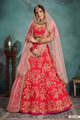 Red Embroidered Art Silk Unstitched Lehenga 1
