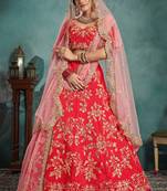 Red Embroidered Art Silk Unstitched Lehenga