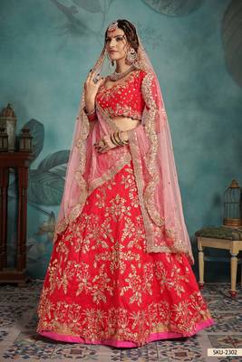 Red Embroidered Art Silk Unstitched Lehenga 2