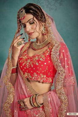 Red Embroidered Art Silk Unstitched Lehenga 3