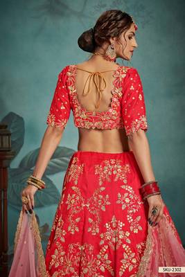 Red Embroidered Art Silk Unstitched Lehenga 4