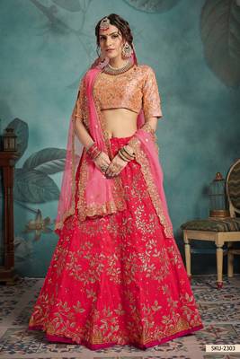 Pink Embroidered Art Silk Unstitched Lehenga 1