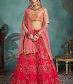 Pink Embroidered Art Silk Unstitched Lehenga
