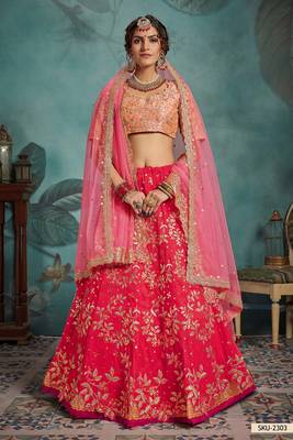 Pink Embroidered Art Silk Unstitched Lehenga 2