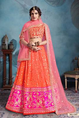 Orange Embroidered Art Silk Unstitched Lehenga 1