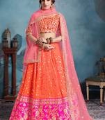 Orange Embroidered Art Silk Unstitched Lehenga
