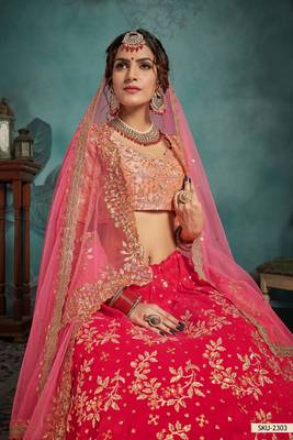 Pink Embroidered Art Silk Unstitched Lehenga 3