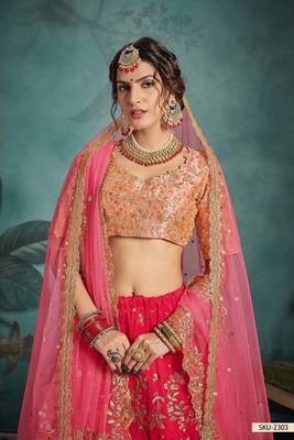 Pink Embroidered Art Silk Unstitched Lehenga 4