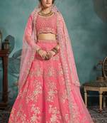Pink Embroidered Art Silk Unstitched Lehenga