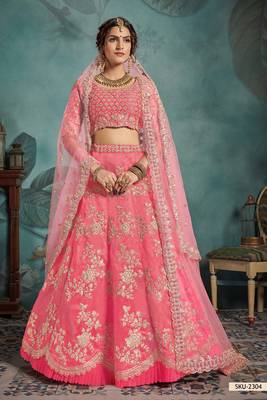 Pink Embroidered Art Silk Unstitched Lehenga 2