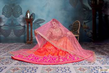 Orange Embroidered Art Silk Unstitched Lehenga 3
