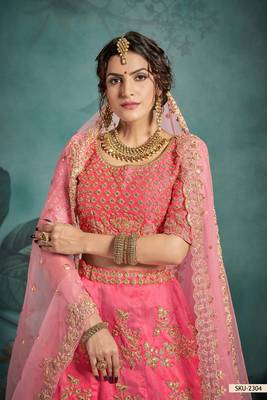 Pink Embroidered Art Silk Unstitched Lehenga 3