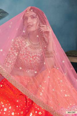 Orange Embroidered Art Silk Unstitched Lehenga 4
