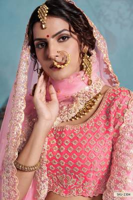Pink Embroidered Art Silk Unstitched Lehenga 4