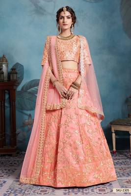 Peach Embroidered Art Silk Unstitched Lehenga 1