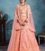 Peach Embroidered Art Silk Unstitched Lehenga