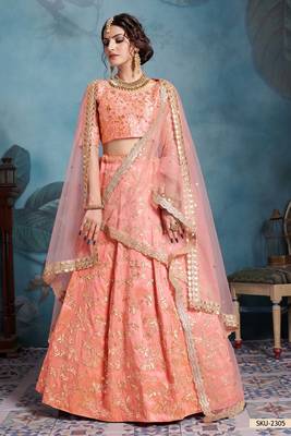 Peach Embroidered Art Silk Unstitched Lehenga 2