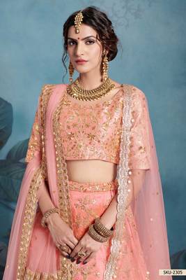 Peach Embroidered Art Silk Unstitched Lehenga 3