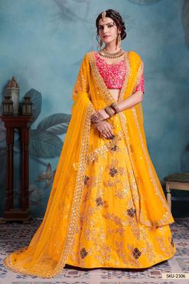 Yellow Embroidered Art Silk Unstitched Lehenga 1