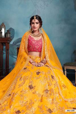 Yellow Embroidered Art Silk Unstitched Lehenga 2