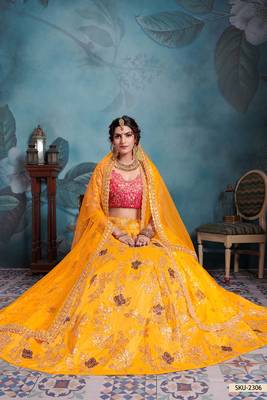 Yellow Embroidered Art Silk Unstitched Lehenga 3