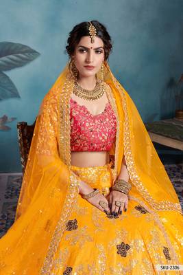 Yellow Embroidered Art Silk Unstitched Lehenga 4