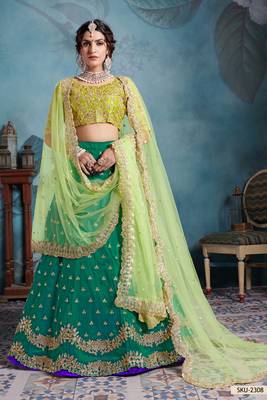 Green Embroidered Art Silk Unstitched Lehenga 1
