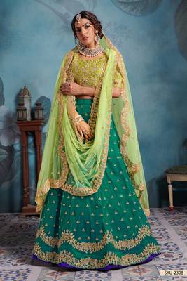 Green Embroidered Art Silk Unstitched Lehenga 2