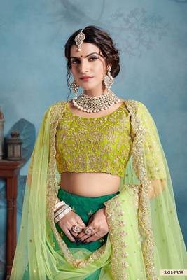 Green Embroidered Art Silk Unstitched Lehenga 3