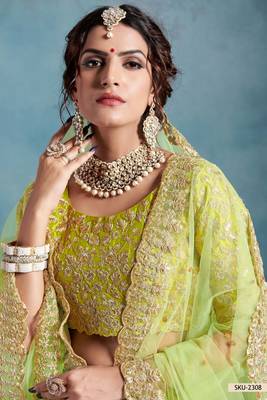 Green Embroidered Art Silk Unstitched Lehenga 4