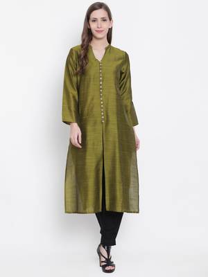 Olive plain dupion silk kurtas-and-kurtis 1