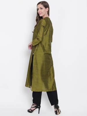 Olive plain dupion silk kurtas-and-kurtis 2