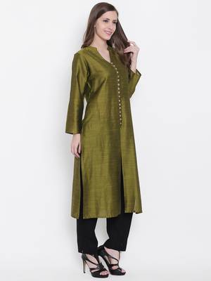 Olive plain dupion silk kurtas-and-kurtis 3