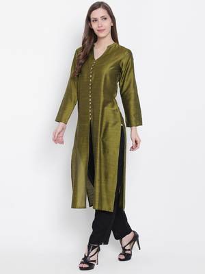 Olive plain dupion silk kurtas-and-kurtis 4