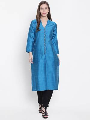 Turquoise plain dupion silk kurtas-and-kurtis 1