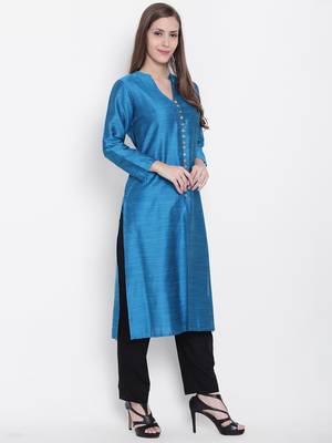 Turquoise plain dupion silk kurtas-and-kurtis 3