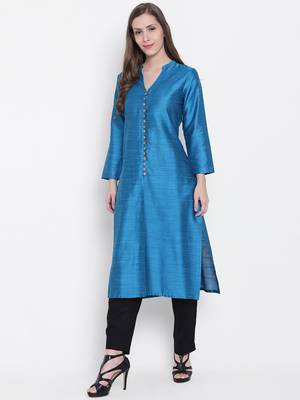 Turquoise plain dupion silk kurtas-and-kurtis 4