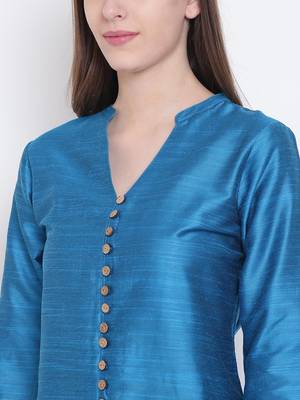 Turquoise plain dupion silk kurtas-and-kurtis 5
