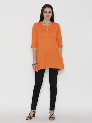 Orange plain cotton short-kurtis 1