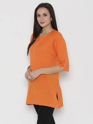 Orange plain cotton short-kurtis 3