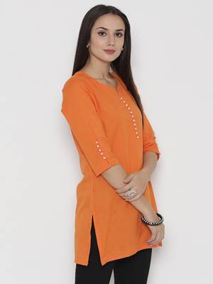 Orange plain cotton short-kurtis 4