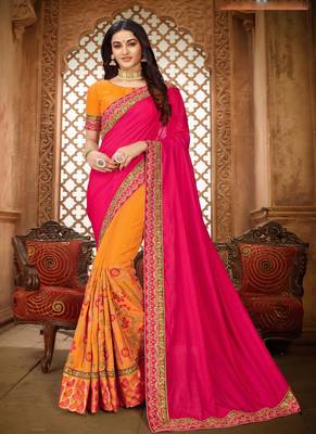 Pink embroidered silk saree with blouse 1