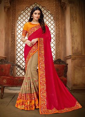 rani pink embroidered silk saree with blouse 1