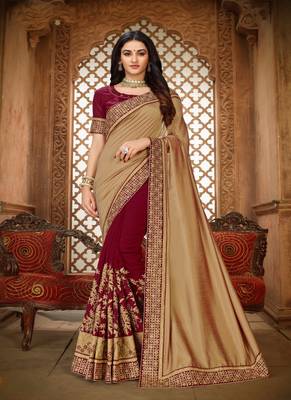 Golden embroidered silk saree with blouse 1