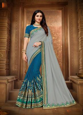 Grey embroidered silk saree with blouse 1