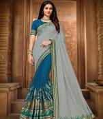 Grey embroidered silk saree with blouse