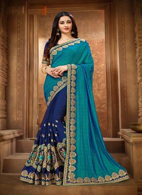 Blue embroidered silk saree with blouse 1