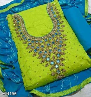 parrot green embroidered cotton unstitched salwar with dupatta 1